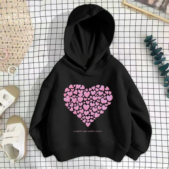 Tfken Hoodies For Girls Long Sleeve Heart Print Tops Breathable Soft Black Sweatshirt Size 5-6 Years
