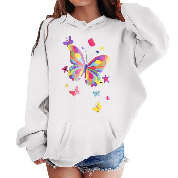 Tfken Hoodies For Toddler Girls Size 2-3 Years Long Sleeve Butterfly Print Sweatshirt Soft Daily Wear Tops White