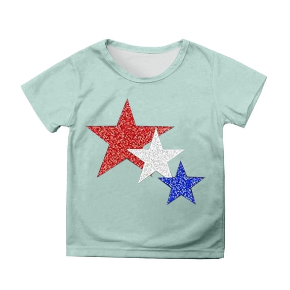 Tfken Independence Day Girls Tshirts Crew Neck Short Sleeve Star Print Tops Patriotic For America July Of 4Th 250Th Anniversary Comfortable T-Shirts Green Size 4-5 Years