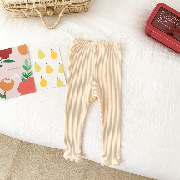 Tfken Infant Newborn Baby Pants Ribbed Solid Lace Autumn Trousers Leggings Clothes for girls Beige Size 6-12 Months