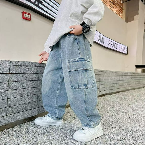 Tfken Jeans For Boys Children Relaxed Fit Trendy Straight-Leg Comfort Waist Solid Color Trousers Blue Size 13-14 Years