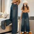 thumbnail image 1 of Tfken Jeans For Girls Children Straight-Leg Elastic Waist Ankle-Length Bow Print Wrinkle Relaxed Fit Dark Blue Denim Pants Size 4-5 Years, 1 of 9
