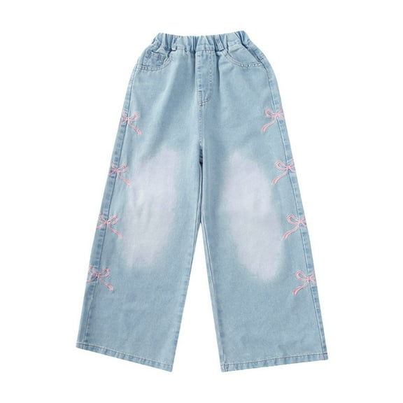 Tfken Jeans For Girls Teen Straight-Leg Elastic Waist Ankle-Length Bow Print Distressed Soft Light Blue Trousers Size 13-14 Years