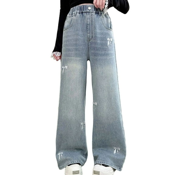 Tfken Jeans For Little Girls Child Straight-Leg Elastic Waist Trendy Bow Print Relaxed Blue Denim Pants Size 6-7 T