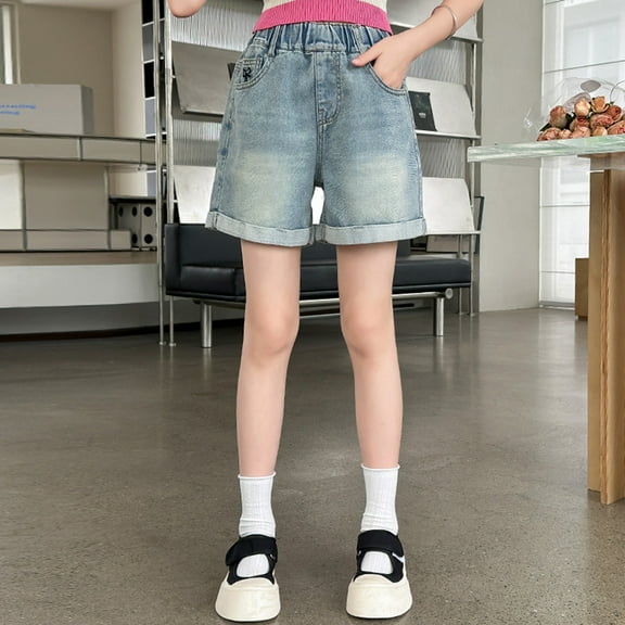 Tfken Jeans Shorts For Girls Toddler Size 12-13 Years Fashion Elastic Waist Summer Blue Distressed Denim Shorts