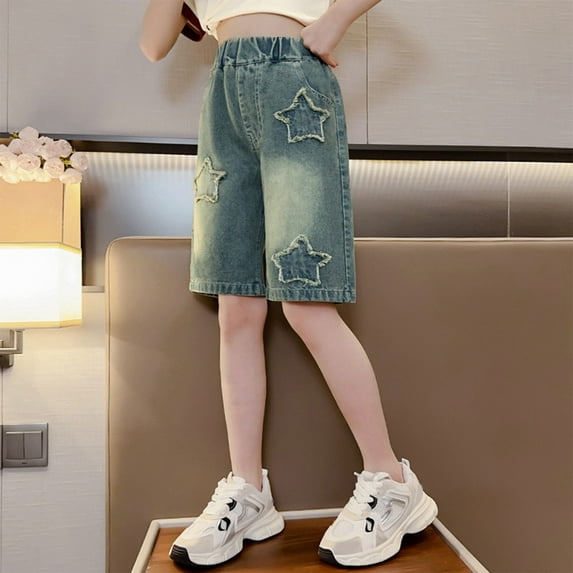 Tfken Jeans Shorts For Girls Toddler Size 12-13 Years Fashion Elastic Waist Summer Blue Distressed Denim Shorts