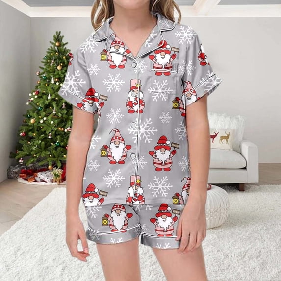 Tfken Kids Christmas Pajamas Girls Santa Claus Graphic Print Sleepwear Summer Fall Casual Button Down Short Sleeve Top Shorts 2 Piece Festival Party Pjs Set,Size 2-13 Years Purple