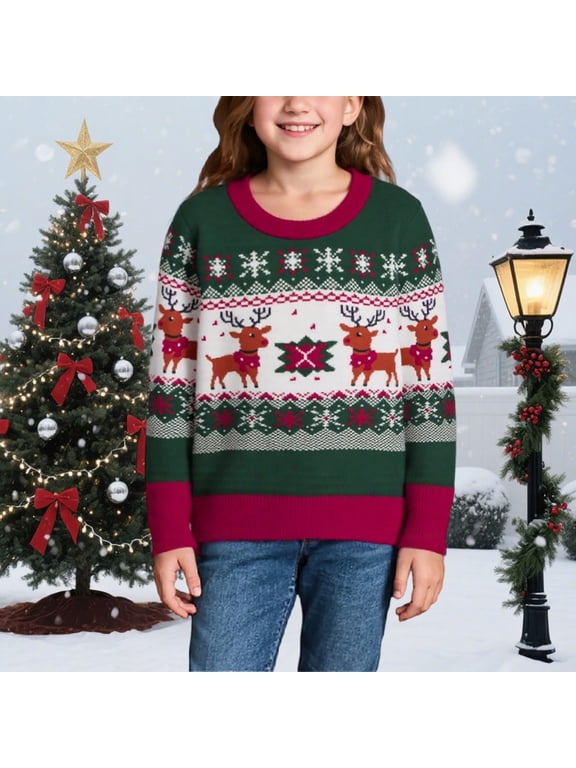 Kids Girls Boys Christmas Sweaters Reindeer Graphic Print Fall Winter Warm Fleece Lined Crewneck Soft Cozy Pullover Holiday Party Tops,Size 2-8 Years Green