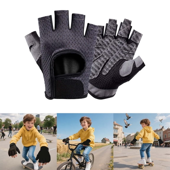 Tfken Kids Girls Boys Dual Sport Gloves Patchwork Non- Cycling Spandex Grey Fingerless