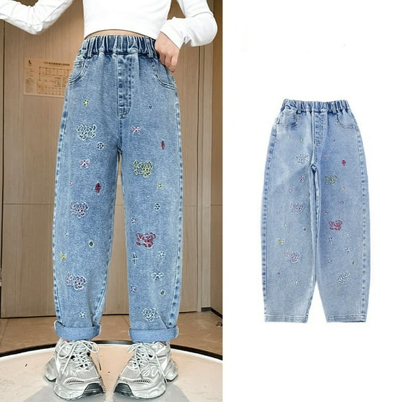 Tfken Kids Girls Jeans Daily Wear Trendy Distressed Cartoon Embroidery Elastic Waist Light Blue Straight-Leg Denim Pants Size 6-7 Years