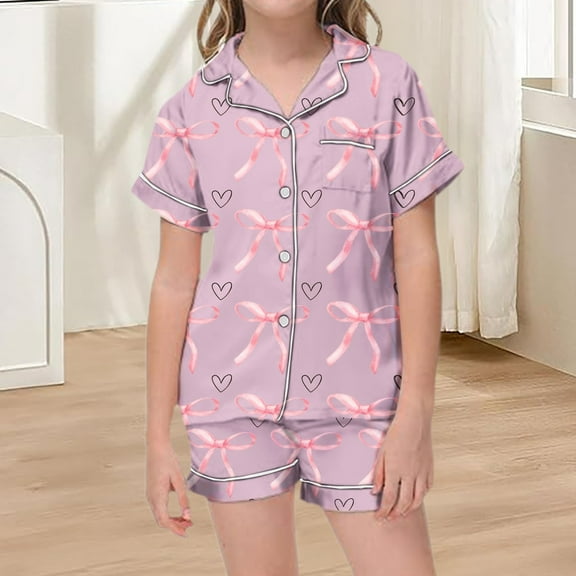 Tfken Kids Girls Pajama Sets Short Sleeve Bow Print Silky-Soft Short 2Pc Fashion Light Purple Outfits Size 12 Years-13 Years