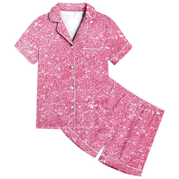 Tfken Kids Girls Pajama Sets Size 6 Years-7 Years Daily Wear Sequins Print Short Sleeve Short 2Pc Birthday Gift Light Pink Sleepwear