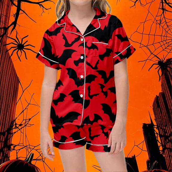 Tfken Kids Girls Sleepwear Lapel Neck Short Sleeve Bat Print 2Pc Halloween Baby Clothes Trendy Pajama Sets Size 4 Years-5 Years Red