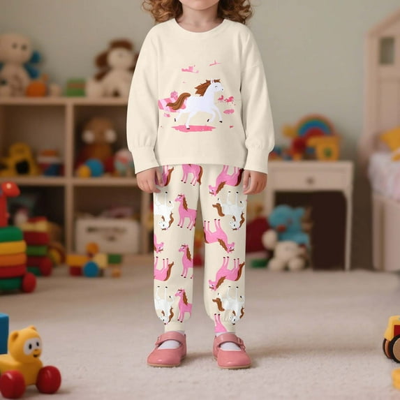 Tfken Kids Girls Sleepwear Set Crew Neck Long Sleeve Cartoon Print 2Pc Fashion Silky-Soft Outfits Size 2 Years-3 Years Beige