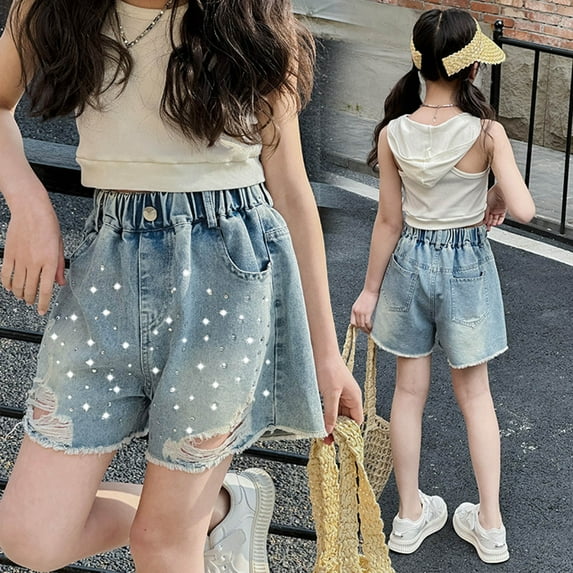 Tfken Kids Teen Girls Jeans Shorts Elastic Waist Polka Dot Print Ripped Lightweight Blue Denim Shorts Size 9-10 Years