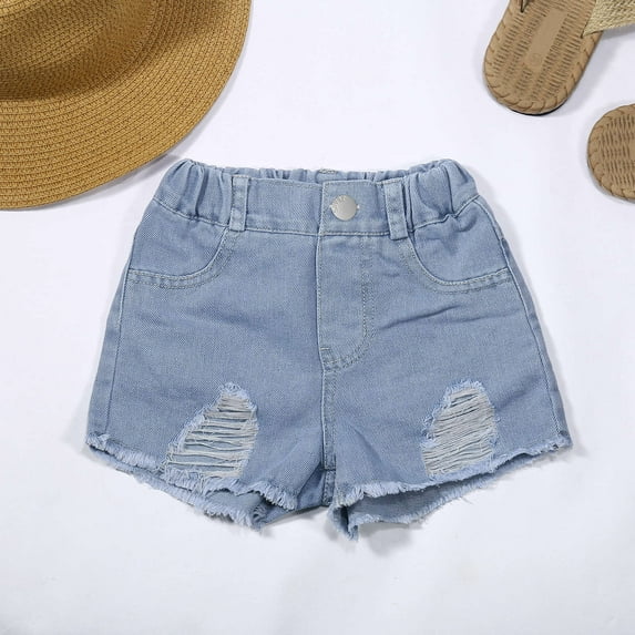 Tfken Kids Teen Girls Jeans Shorts Ripped Elastic Waist Short Daily Wear Summer Denim Shorts Blue Size 5-6 Years