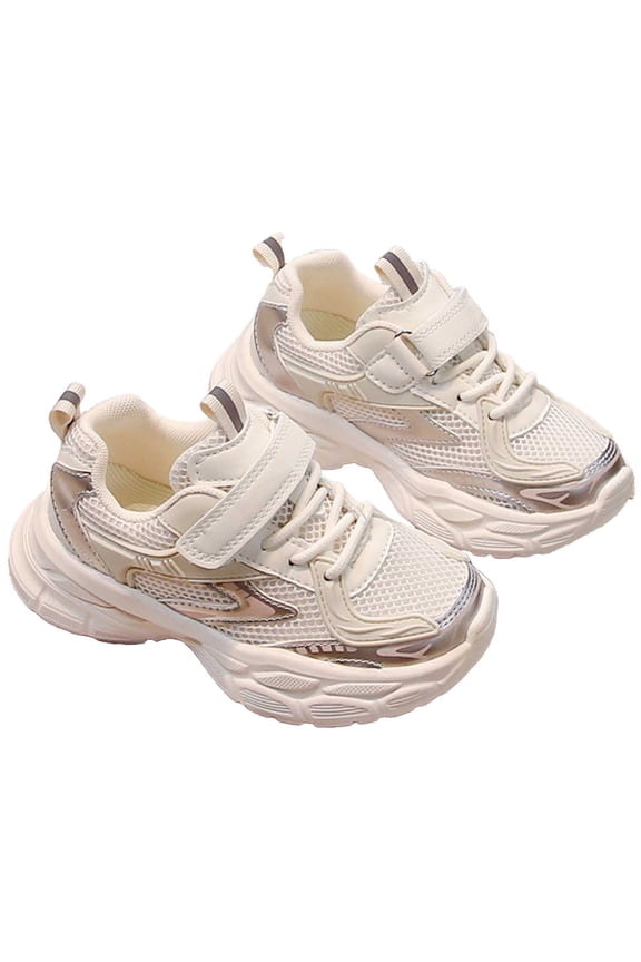 Little Girls Running Badminton Shoes Platform Casual Hook & Loop Pu Color Block Beige Sneakers For Child Size 5-6 Years
