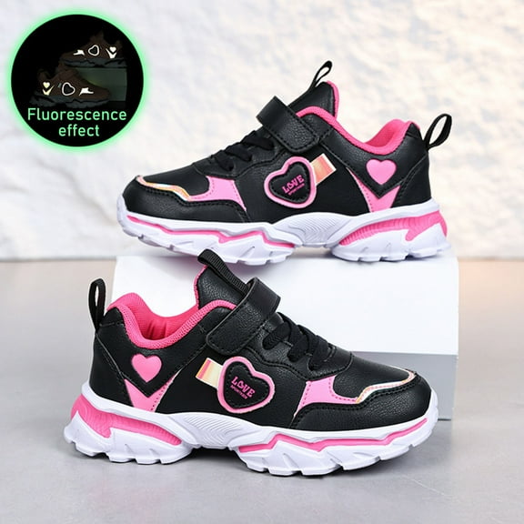 Tfken Little Girls Walking Running Shoes Heart Print Platform Lace-Up Fall No Slip Sneakers For Kids Black Size 4.5-5 Years
