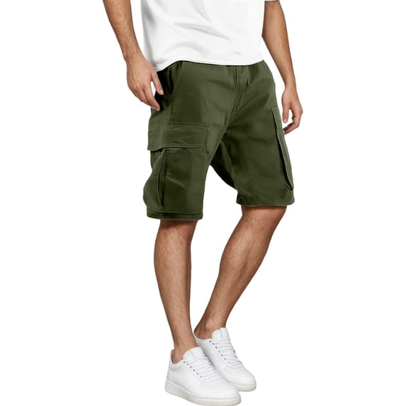 Tfken Men Pants For Summer Button Loose Solid Color Knee Length Cargo Pants With Pockets Fashion Casual Male Classic Clothes Green