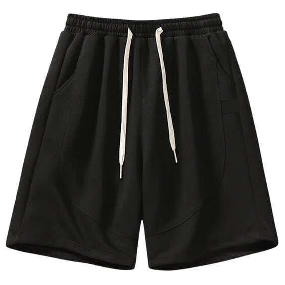 Tfken Men Shorts For Summer Drawstring Solid Color Elastic Waist Shorts With Pockets Fashion Daily Wear Male Leisure Clothes Black