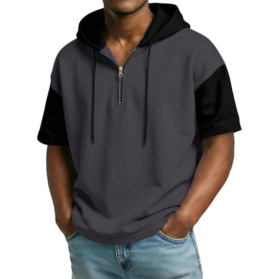 Tfken Men Tshirts For Summer Hooded Patchwork Short Sleeve Drawstring Tops With Zipper Casual Daily Wear Male Soft Shirts Black