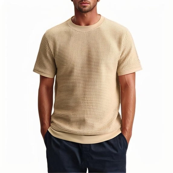 Tfken Men Tshirts For Summer Solid Color Crew Neck Short Sleeve Knitted Tops Casual Daily Wear Male Comfortable Shirts Beige