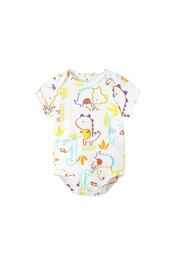 Newborn Infant Bodysuit Short Sleeve Crew Neck Dinosaur Print Outfit 6-9 Months White Breathable Romper For Baby Boys