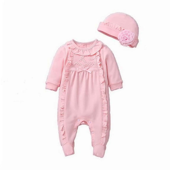 Tfken Outfit For Girls Baby Fashion Lace Patchwork Romper Jumpsuit Clothes Hat Pink Girl Outfit Set Size 0-3 Months