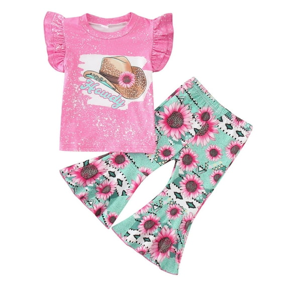 Tfken Outfit For Girls Toddler Ruffles Fly Sleeve T Shirt Pullover Tops Floral Printed Bell Bottoms Pants Red Girl Outfit Set Size 4-5 Years