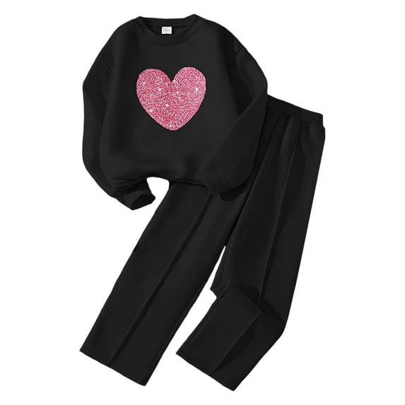 Tfken Outfit Set For Child Girls Crew Neck Long Sleeve Heart Print Shawls Pant Casual Fleece Clothing Sets Black Size 11-12 Years