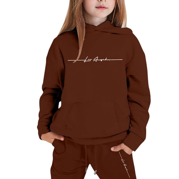 Tfken Outfit Set For Child Girls Hooded Letter Print Athleisure Daily Wear Brown Clothing Sets Size 11-12 Years