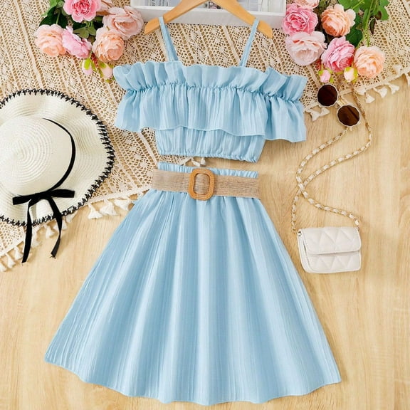 Tfken Outfit Set For Child Girls Off Shoulder Sleeveless Solid Color Halter Tops Skirt Summer Cute Clothing Sets Blue Size 7-8 Years