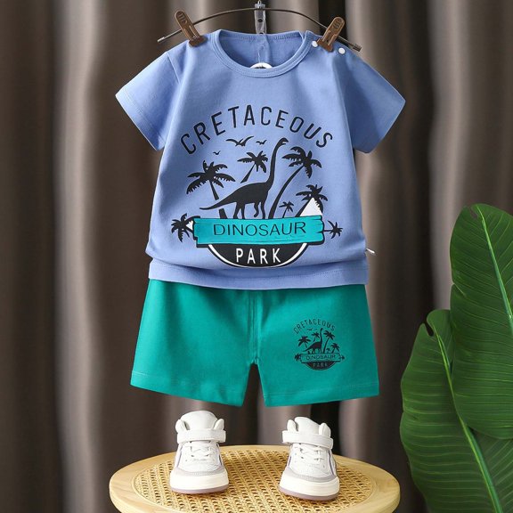 Tfken Outfit Set For Child Girls Size 3 Years-4 Years Short Sleeve Dinosaur Print Tee Shorts Quick Dry Daily Wear Navy Clothing Sets