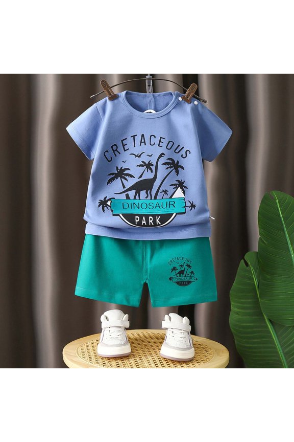 Outfit Set For Child Girls Size 3 Years-4 Years Short Sleeve Dinosaur Print Tee Shorts Quick Dry Daily Wear Navy Clothing Sets