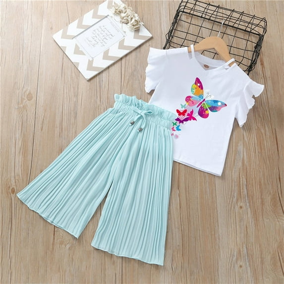 Tfken Outfit Set For Child Girls Size 4-5 Years Butterfly Print Ankle-Length T-Shirts Wide-Leg Pants Trendy Summer Clothing Sets Sky Blue