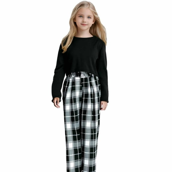 Tfken Outfit Set For Children Girls Casual Solid Color Sweatshirt Plaid Pant Crew Neck Black Outfits Sets Size 4-5 Years