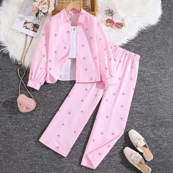 Tfken Outfit Set For Children Girls Crew Neck Long Sleeve Bow Print Shirt Pant Cute Fashion Outfits Sets Light Pink Size 9-10 Years