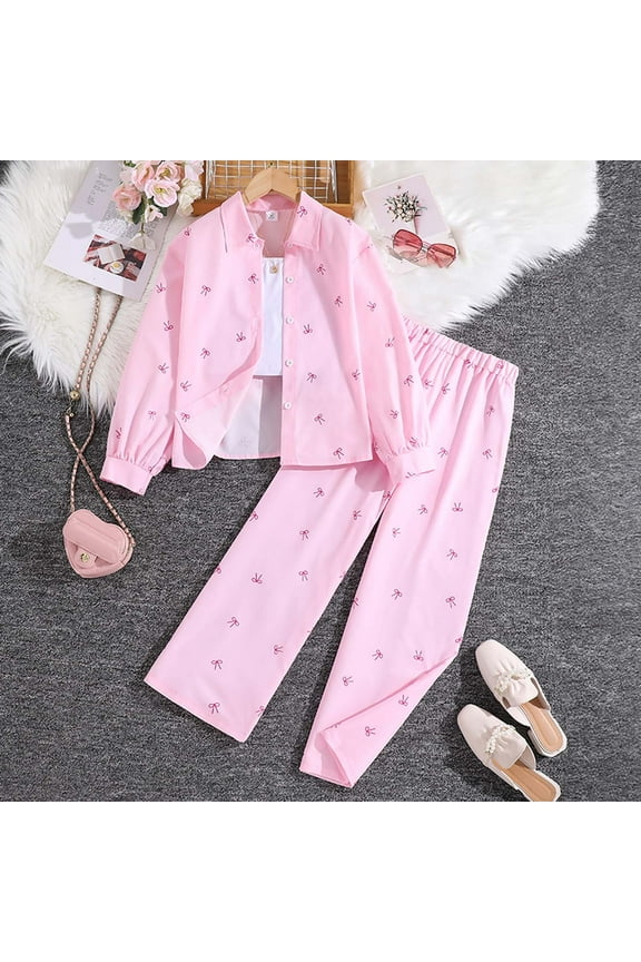 Outfit Set For Children Girls Crew Neck Long Sleeve Bow Print Shirt Pant Cute Fashion Outfits Sets Light Pink Size 9-10 Years