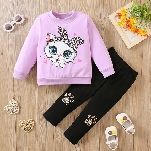 Tfken Outfit Set For Children Girls Crew Neck Long Sleeve Cartoon Print Tops Pants Comfortable Outfits Sets Purple Size 5-6 Years