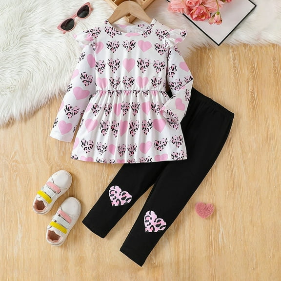 Tfken Outfit Set For Children Girls Size 3-4 Years Long Sleeve Heart Print Tops Pants Relaxed Red Outfits Sets
