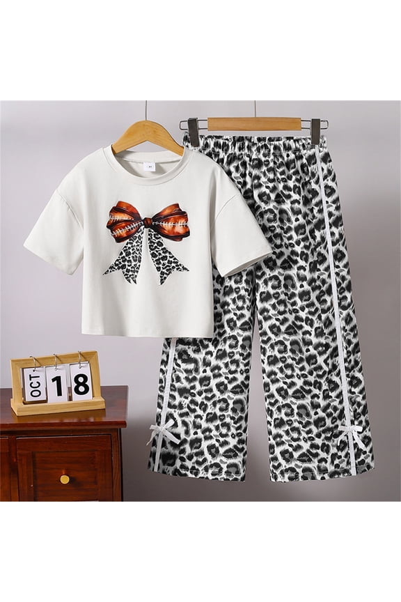 Outfit Set For Teen Girls Crew Neck Leisure Bow Print Fall T-Shirt Pant Outfits Sets White Size 10-11 Years