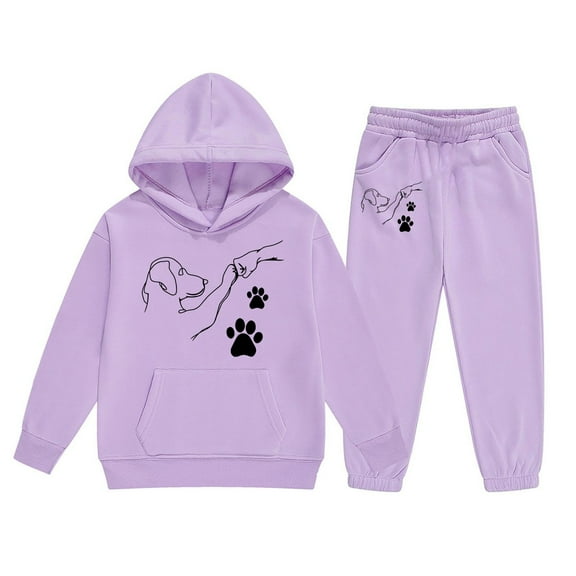 Tfken Outfit Set For Teen Girls Size 4-5 Years Cute Athleisure Sweatshirt Pant Dog Print Hooded Purple Outfits Sets