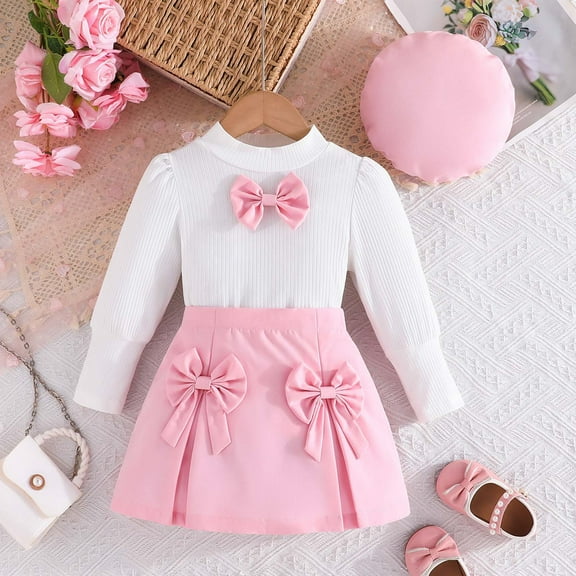 Tfken Outfit Set For Teen Girls Solid Color Long Sleeve Sweater Skirt Comfortable Bow Pink Outfits Sets Size 3-4 Years