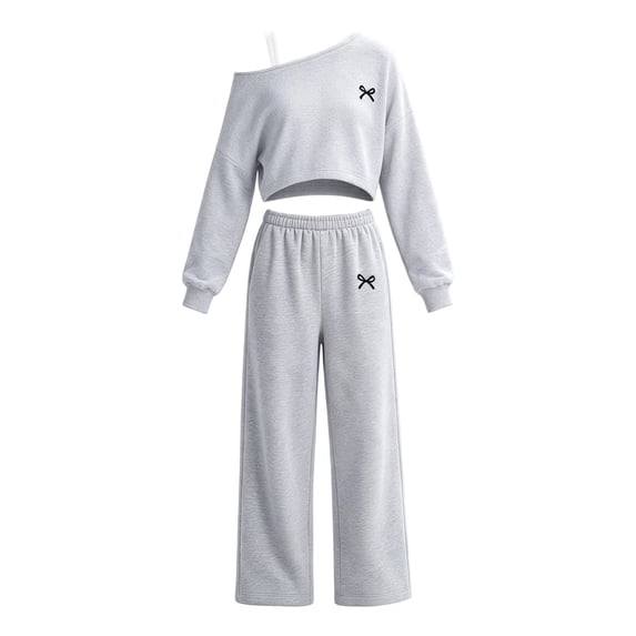 Tfken Outfit Sets For Girls One Shoulder Long Sleeve Tops With Pants Set Lightweight Fall Winter Toddler Classic Clothes Size 15-16 Years Gray