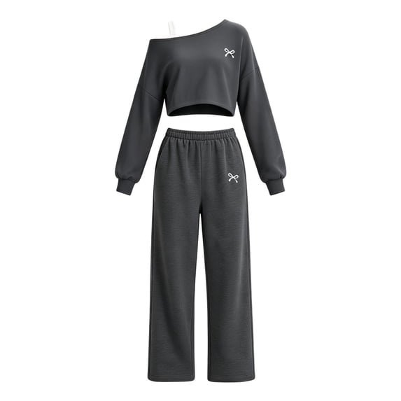 Tfken Outfit Sets For Girls One Shoulder Long Sleeve Tops With Pants Set Lightweight Fall Winter Toddler Classic Clothes Size 7-8 Years Gray