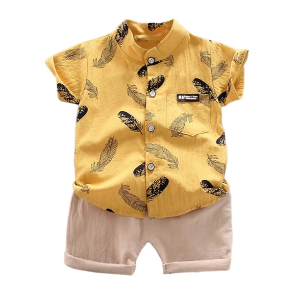 Tfken Outfits Sets For Child Boys Toddler Short Sleeve Size 2 Years-3 Years Yellow Lapel Neck T-Shirts Shorts Feather Print Charming Casual Clothing Set