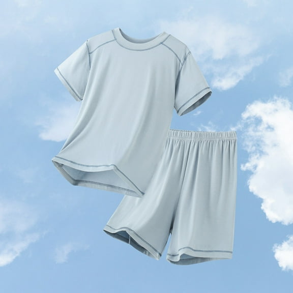 Tfken Outfits Sets For Child Boys Solid Color Crew Neck 5 Years-6 Years Tee Shorts Breathable Light Blue Soft Short Sleeve Clothing Set