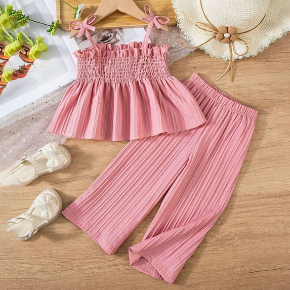 Tfken Outfits Sets For Child Girls Comfortable Solid Color Off Shoulder Tank Top Pants Sleeveless Pink Outfit Set Size 5-6 Years