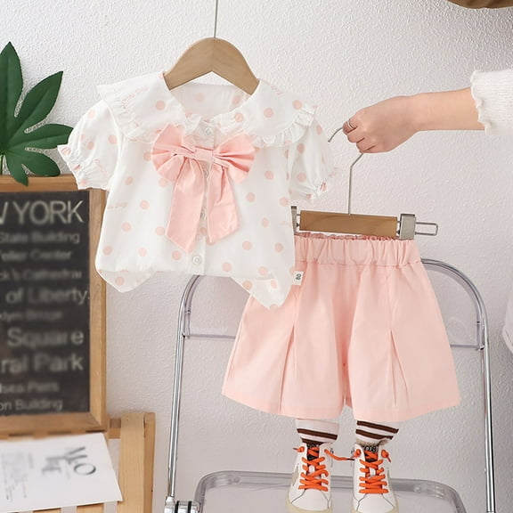 Tfken Outfits Sets For Child Girls Cool Short Sleeve Polka Dot Print Pink Tops Shorts Bow Trendy Lapel Neck Outfit Set Size 3-4 Years