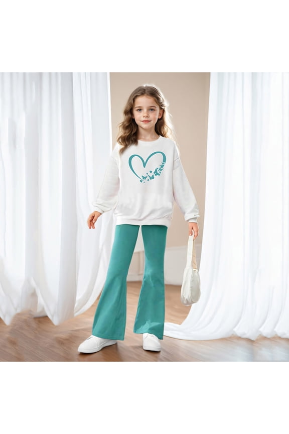 Outfits Sets For Child Girls Crew Neck Casual Heart Print Soft Sweatshirt Pant Outfit Set Mint Green Size 9-10 Years
